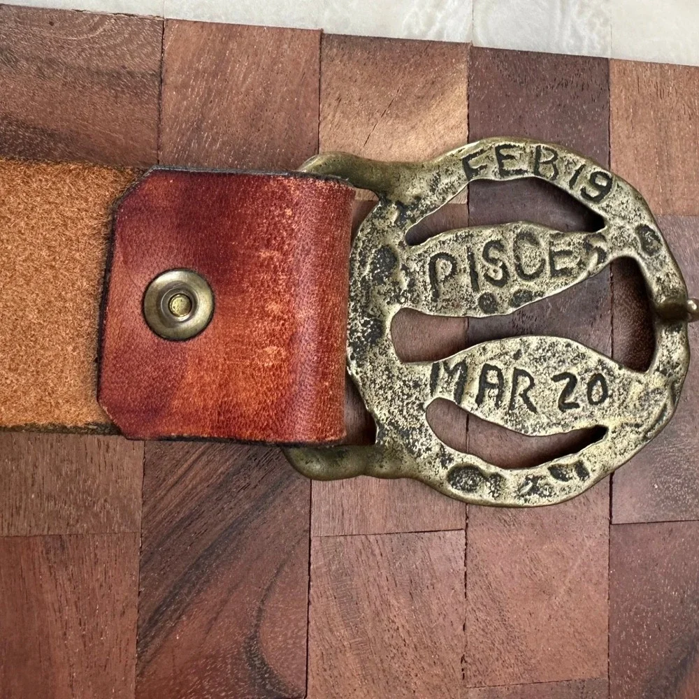 Unbranded Vintage Pisces Zodiac Belt Brown Leather Brass‎ Buckle Vintage Boho
